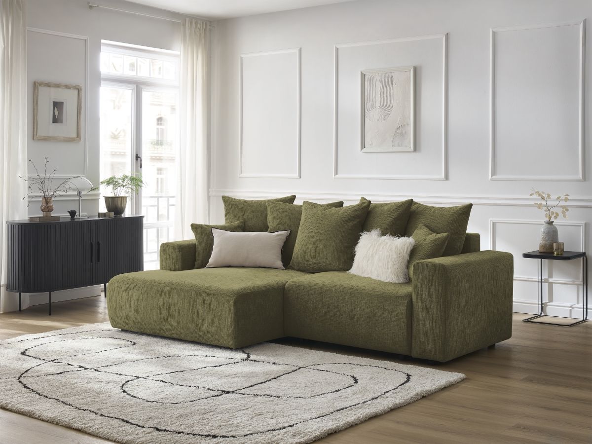 Bobochic Atilla Ecksofa mit Schlaffunktion und Bettkasten Strukturstoff Grün Ecke links