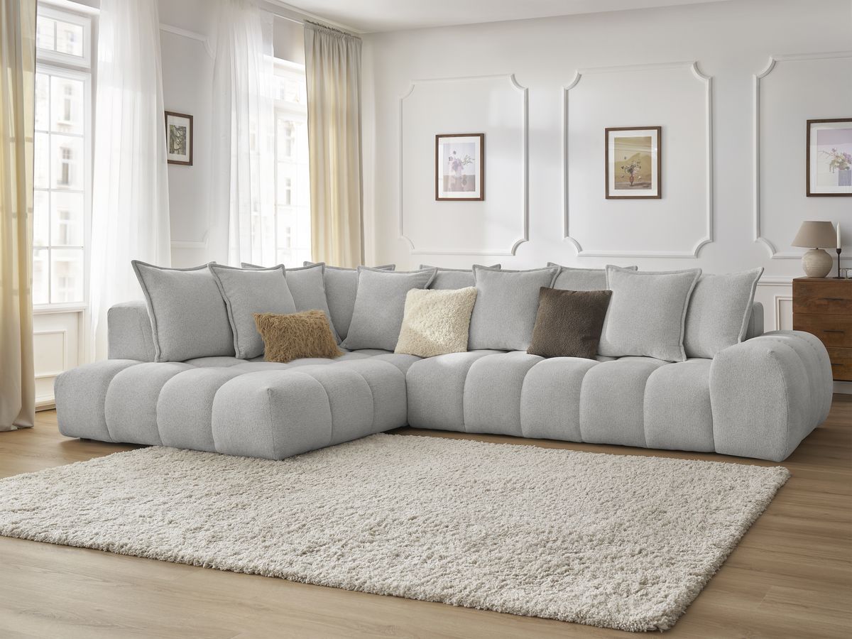 Bobochic Everest Ecksofa, 10 Kissen Melange-Stoff Hellgrau Ecke links
