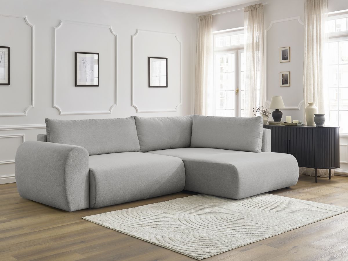 Bobochic Lucien Ecksofa mit Schlaffunktion und Bettkasten 296 × 198 cm Stoff Hellgrau Ecke rechts