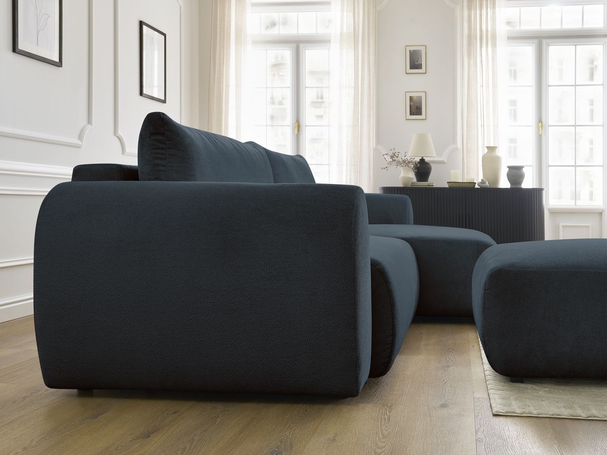 Bobochic Lucien Ecksofa mit Schlaffunktion und Bettkasten und Pouf 314 × 167 cm Stoff Dunkelblau Ecke rechts