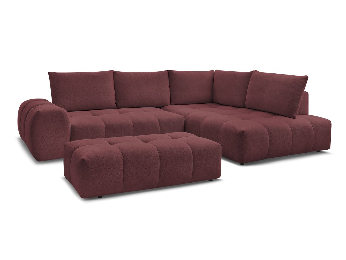 Bobochic Everest Ecksofa mit Schlaffunktion und Bettkasten und Pouf 320 × 212 cm, 5 Kissen Melange-Stoff Rot Ecke rechts