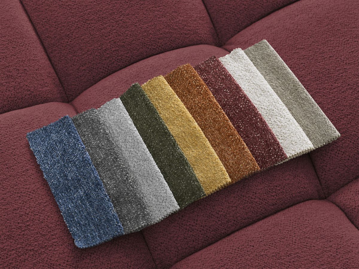 Bobochic Everest Ecksofa mit Schlaffunktion und Bettkasten und Pouf 320 × 212 cm, 5 Kissen Melange-Stoff Rot Ecke links