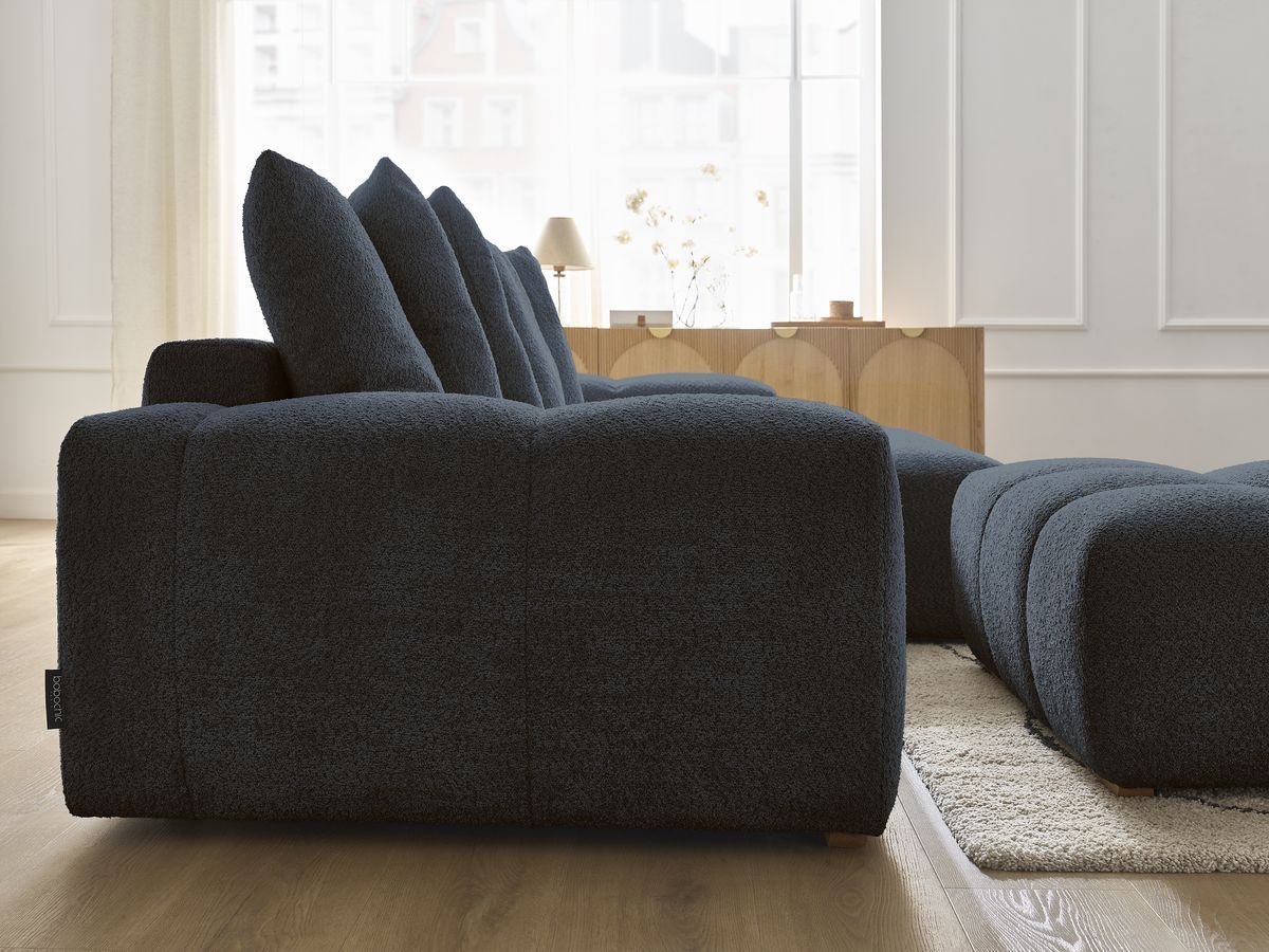 Bobochic Anakin Ecksofa mit Schlaffunktion und Bettkasten und Pouf, 6 Kissen Bouclé-Stoff Dunkelblau