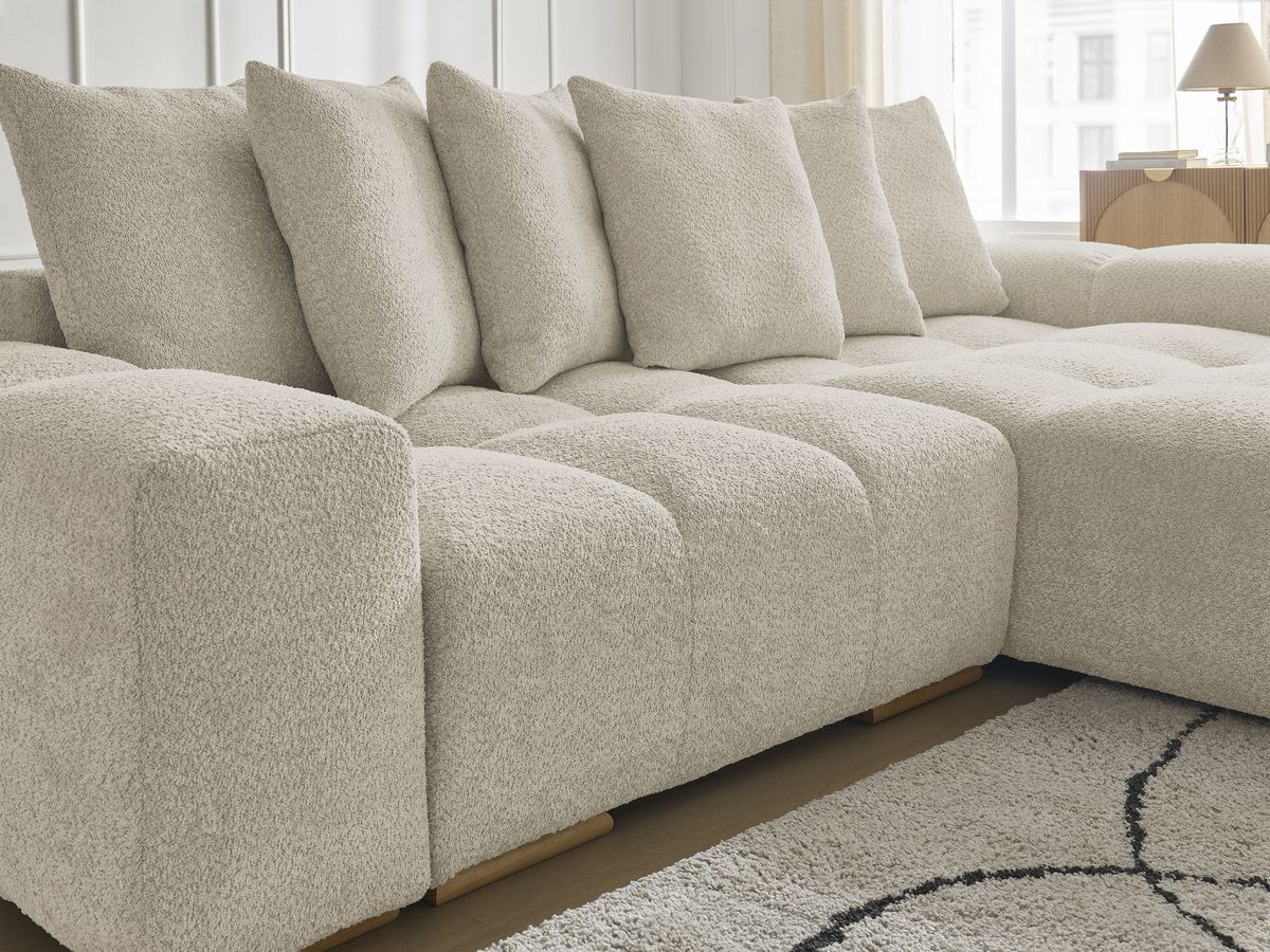 Bobochic Anakin Ecksofa mit Schlaffunktion und Bettkasten, 6 Kissen Bouclé-Stoff Beige