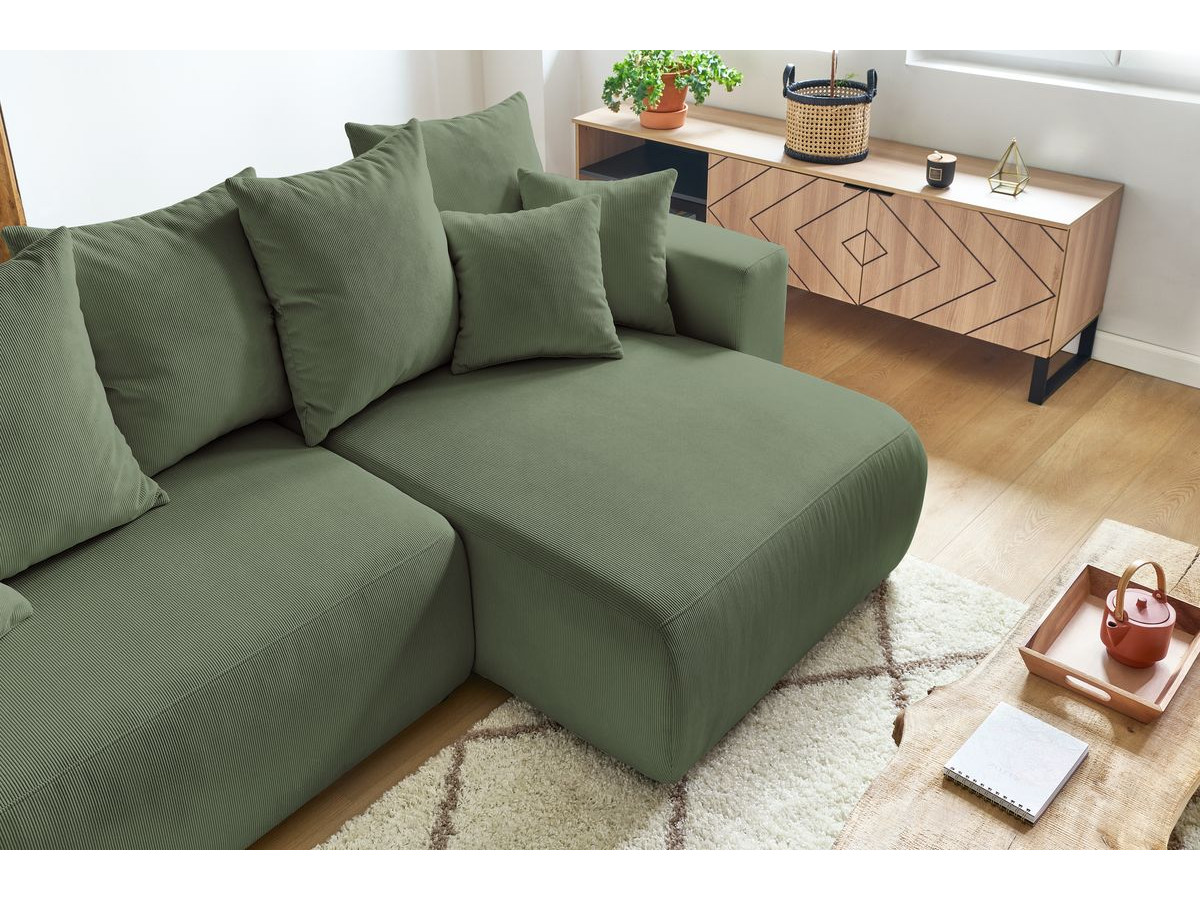 Bobochic Envy Ecksofa mit Schlaffunktion und Bettkasten und Pouf Cordsamt Grün