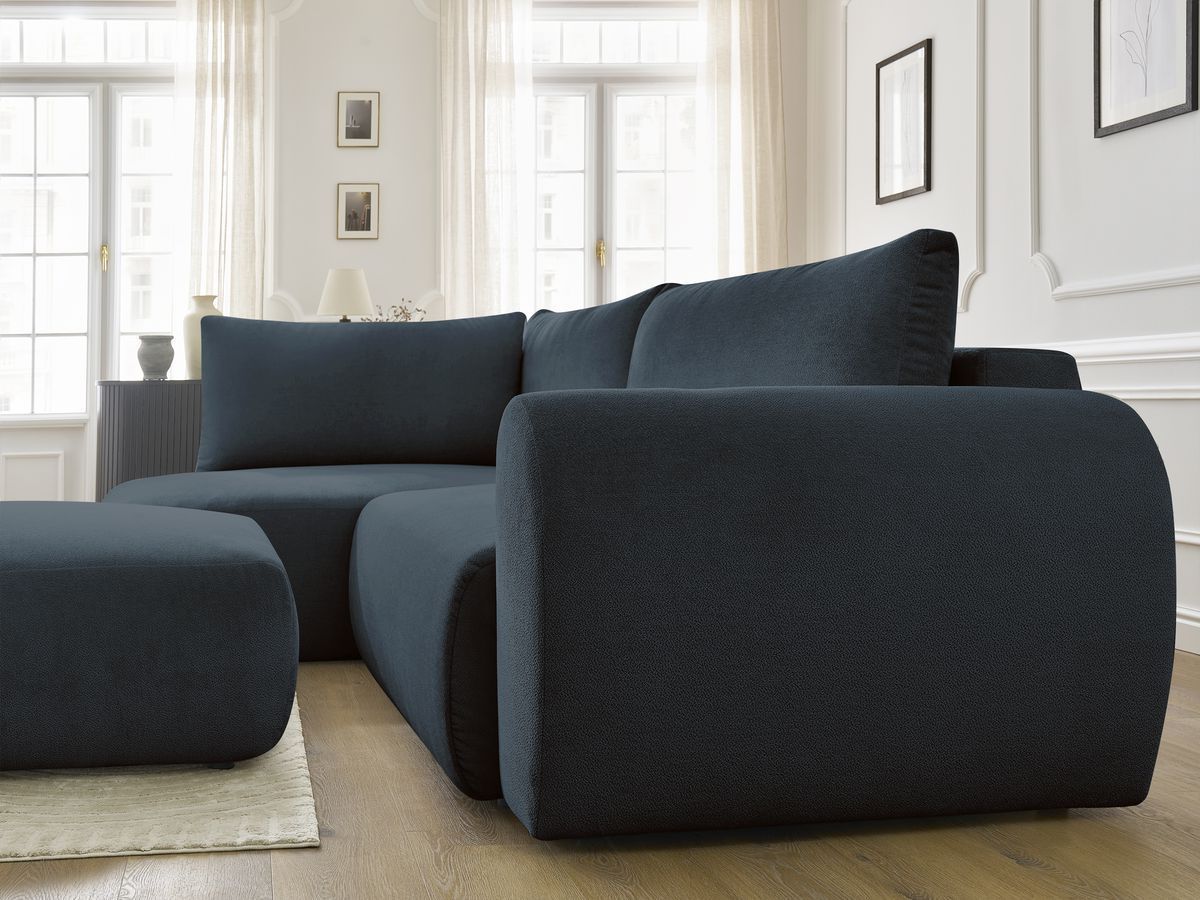 Bobochic Lucien Ecksofa mit Schlaffunktion und Bettkasten und Pouf 296 × 198 cm Stoff Dunkelblau Ecke links