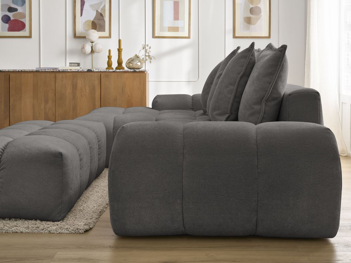 Bobochic Everest Ecksofa mit Schlaffunktion und Bettkasten und Pouf 318 × 180 cm, 7 Kissen Strukturstoff Dunkelgrau Ecke links