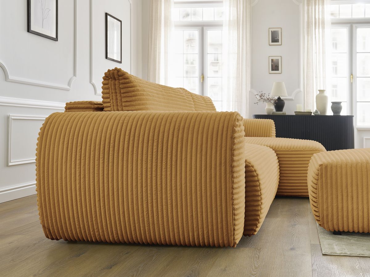 Bobochic Lucien Ecksofa mit Schlaffunktion und Bettkasten und Pouf 314 × 167 cm Breitcord weich Gelb Ecke rechts