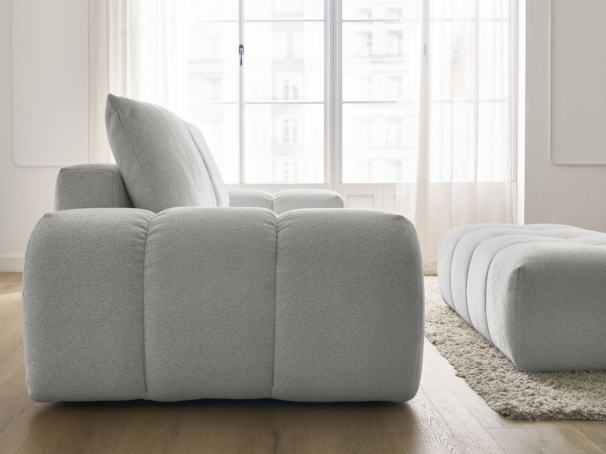 Bobochic Everest Schlafsofa 3-Sitzer mit Bettkasten und Pouf, 2 Kissen Melange-Stoff Hellgrau