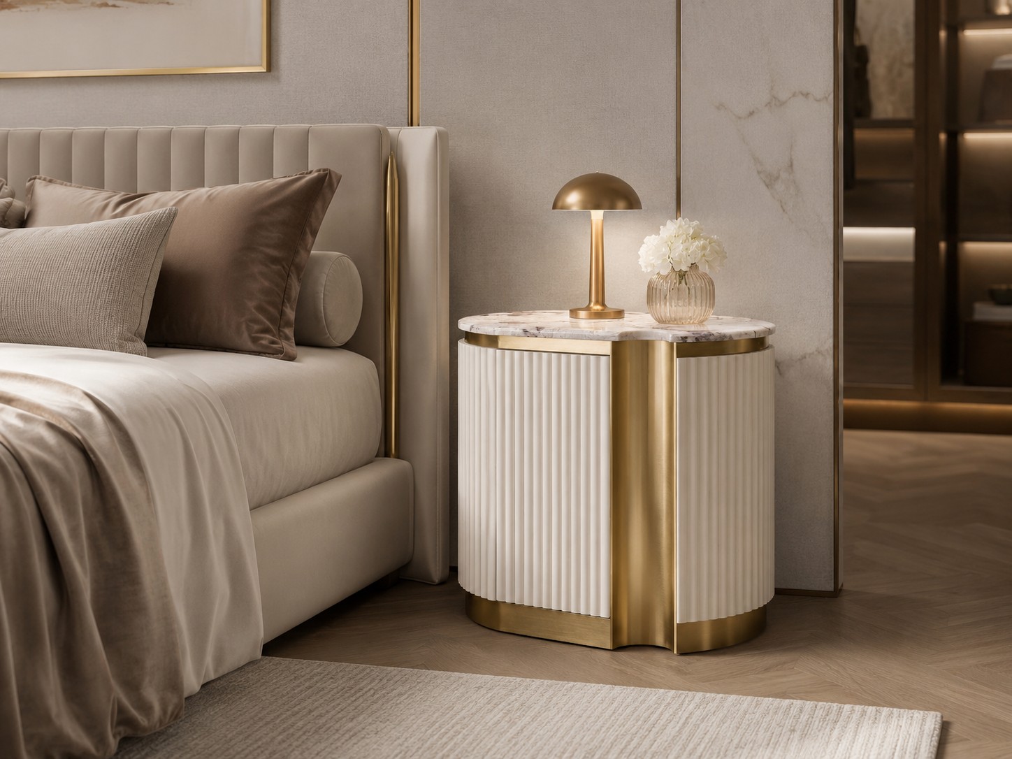 Livin Hill Nachttisch Stilig Bedroom 60 cm Ecru-Weiß, Platte Taupe/Kühles Dunkelbraun rechts