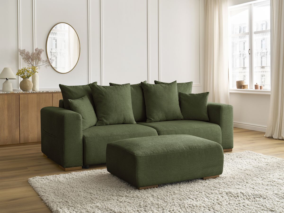 Bobochic Sidonie Schlafsofa 4-Sitzer mit Bettkasten und Pouf Melange-Stoff Grün