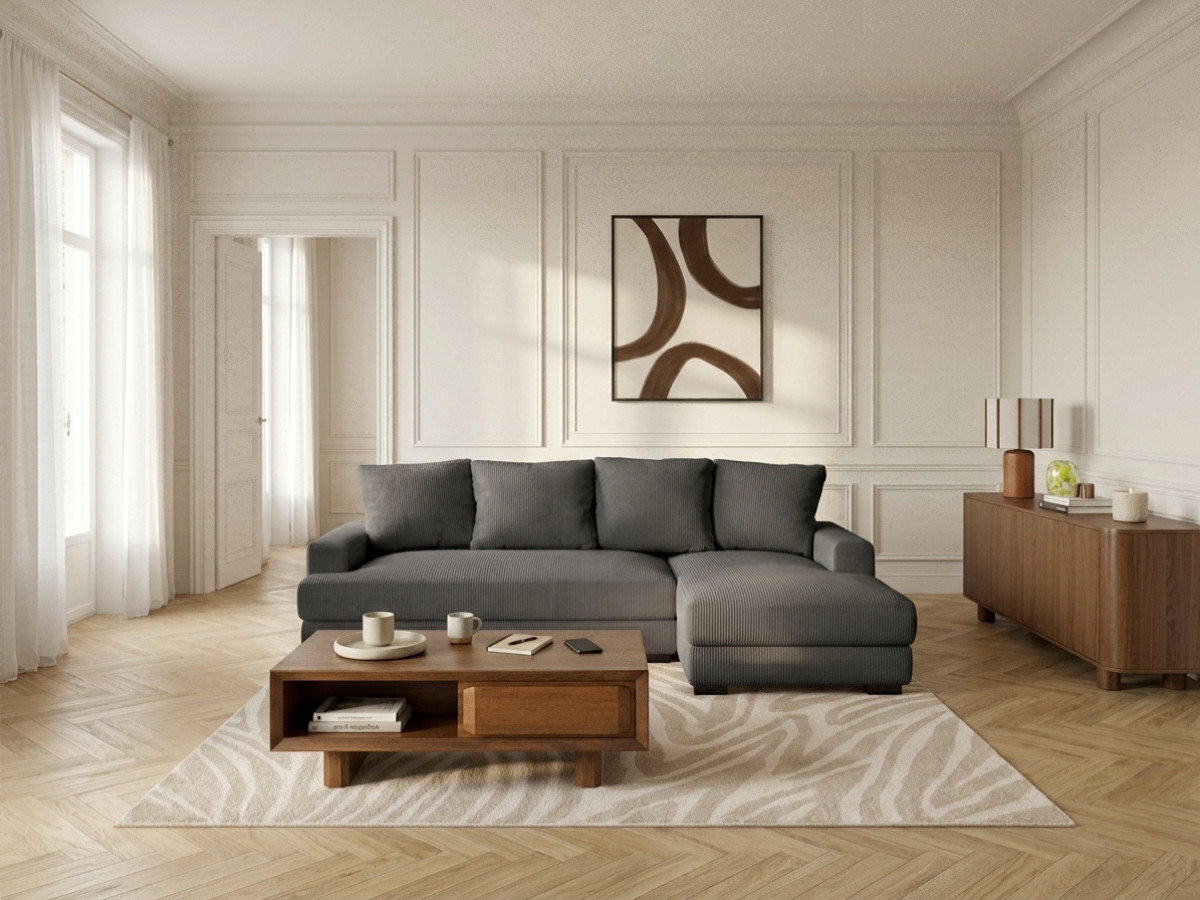 Bobochic Campi Ecksofa mit Schlaffunktion und Bettkasten Cordsamt Dunkelgrau Ecke rechts