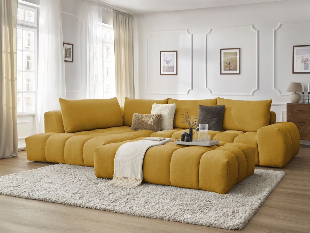 Bobochic Everest Ecksofa mit Schlaffunktion und Pouf, 4 Kissen Strukturstoff Gelb Ecke links