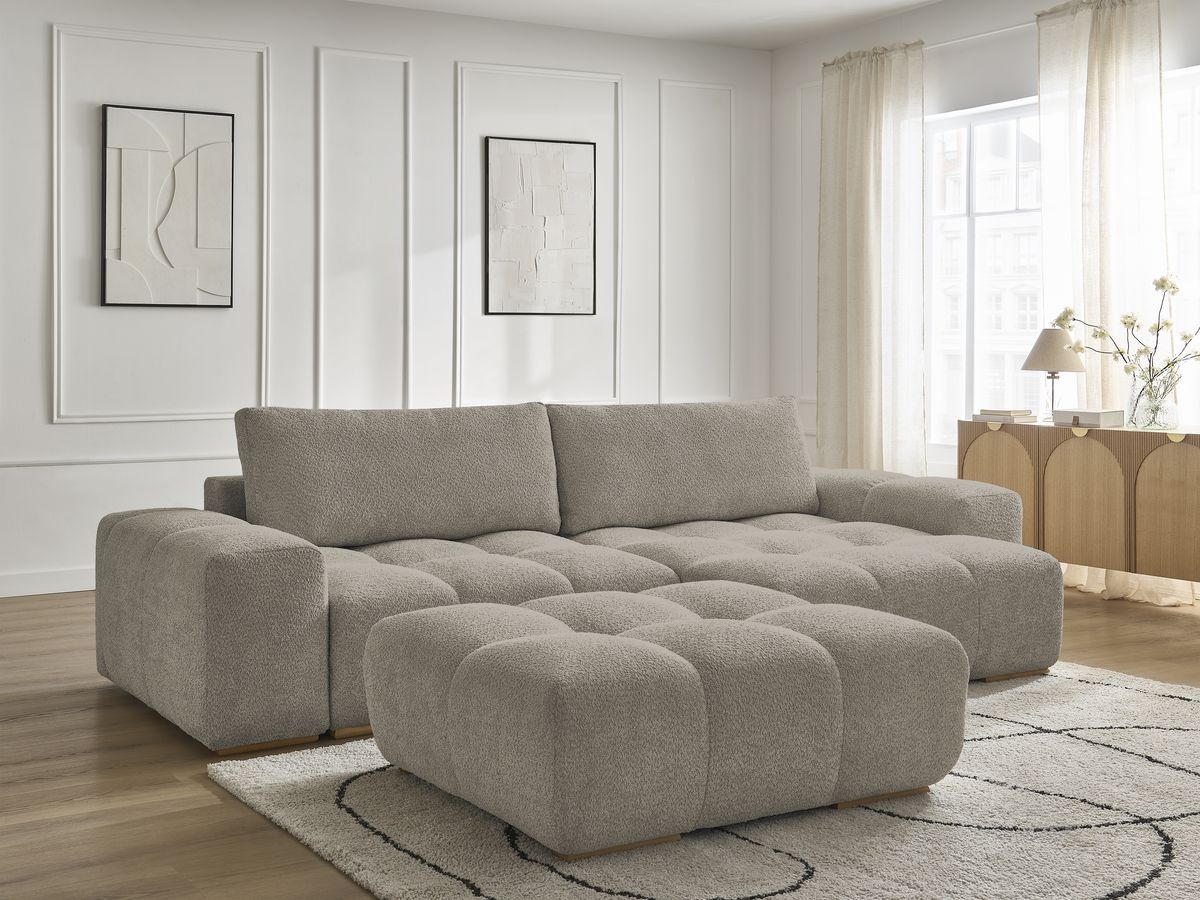 Bobochic Anakin Ecksofa mit Schlaffunktion und Bettkasten und Pouf, 2 Kissen Bouclé-Stoff Taupe