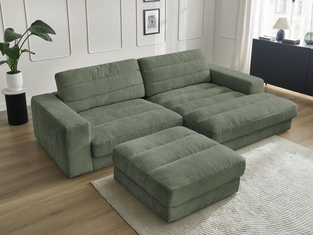 Bobochic Sierra Ecksofa mit Pouf Strukturstoff Dunkelgrün Ecke rechts
