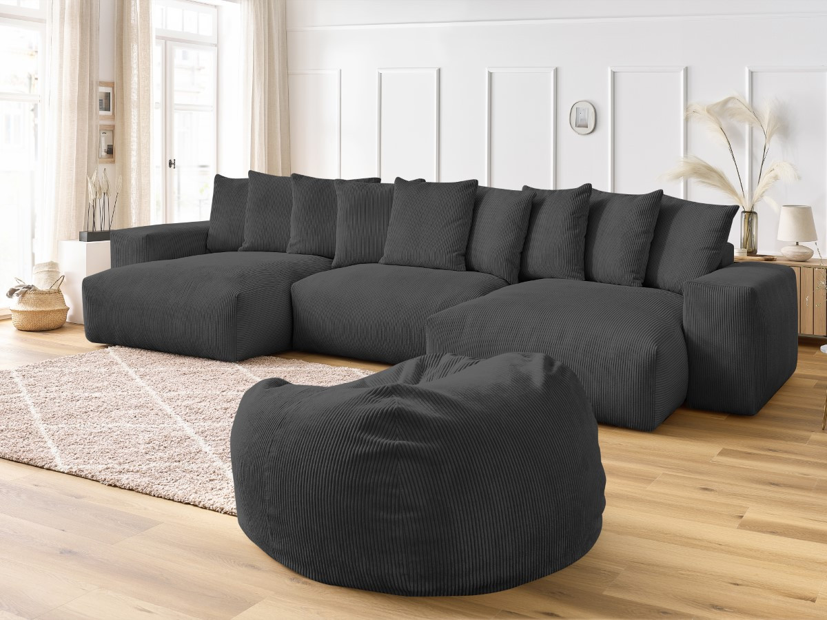 Bobochic Voltaire Wohnlandschaft mit Pouf 420 × 174 cm Cordsamt Dunkelgrau
