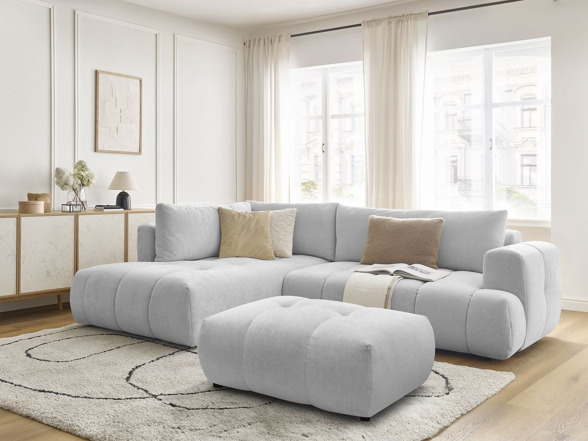 Bobochic Fuji Ecksofa mit Schlaffunktion und Bettkasten und Pouf 282 × 204 cm Stoff Hellgrau Ecke links