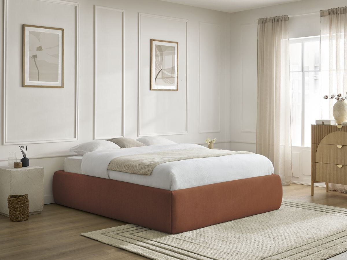 Bobochic Inera Bettgestell mit Bettkasten, ohne Kopfteil Stoff Orange, Liegefläche 140 × 190 cm