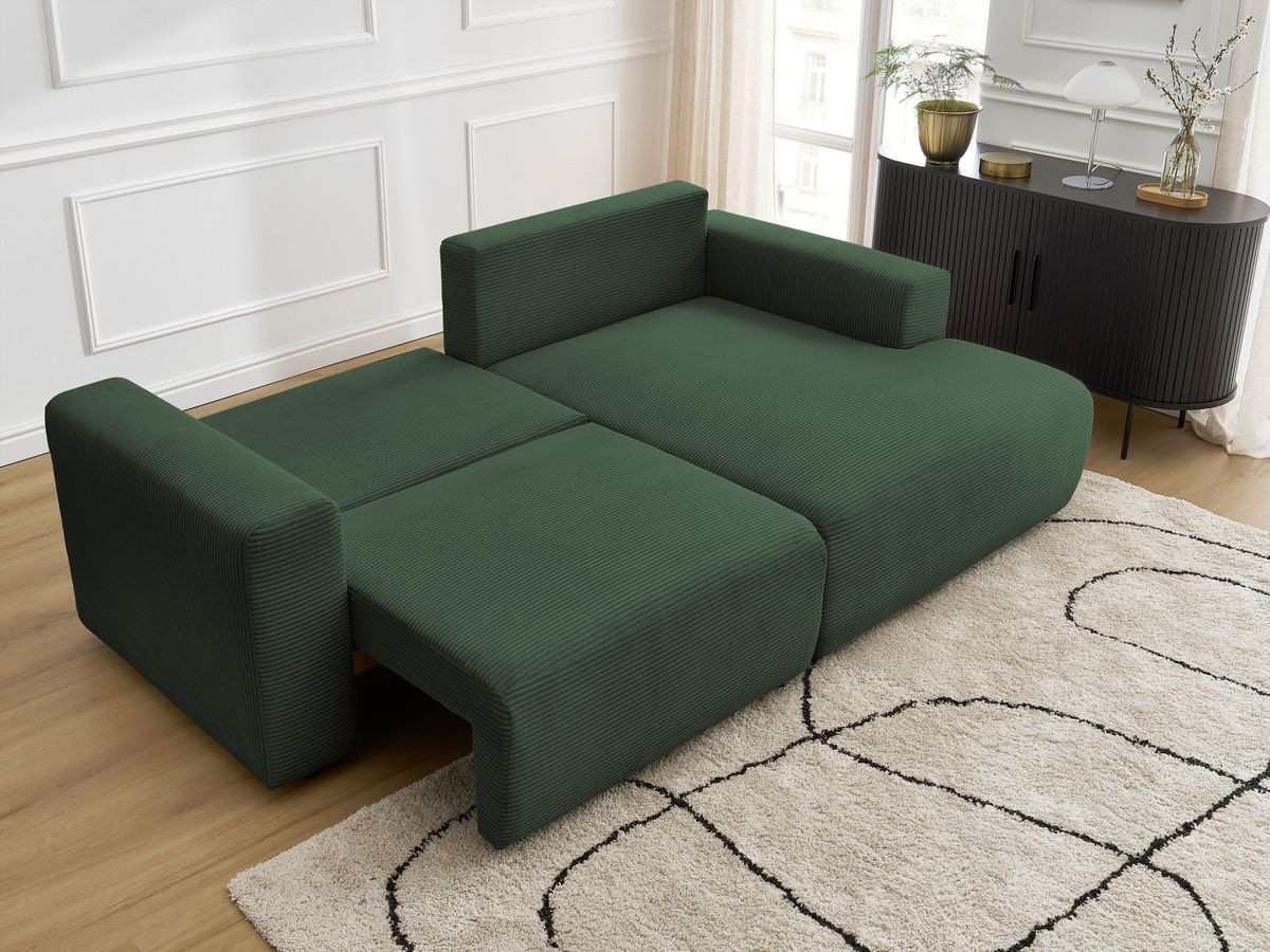 Bobochic Atilla Ecksofa mit Schlaffunktion und Bettkasten Cordsamt Dunkelgrün Ecke rechts