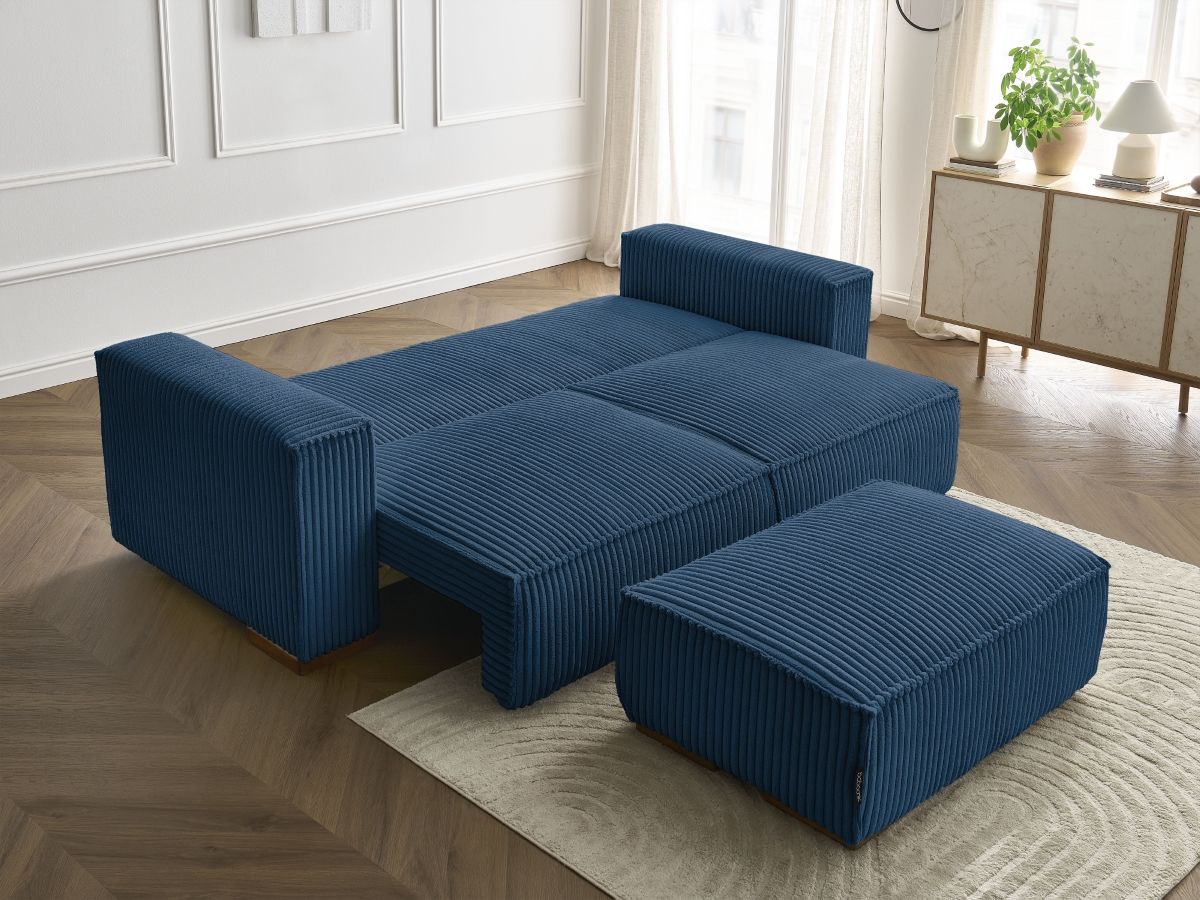 Bobochic Chelsea Schlafsofa 4-Sitzer mit Bettkasten und Pouf Breitcord weich Dunkelblau