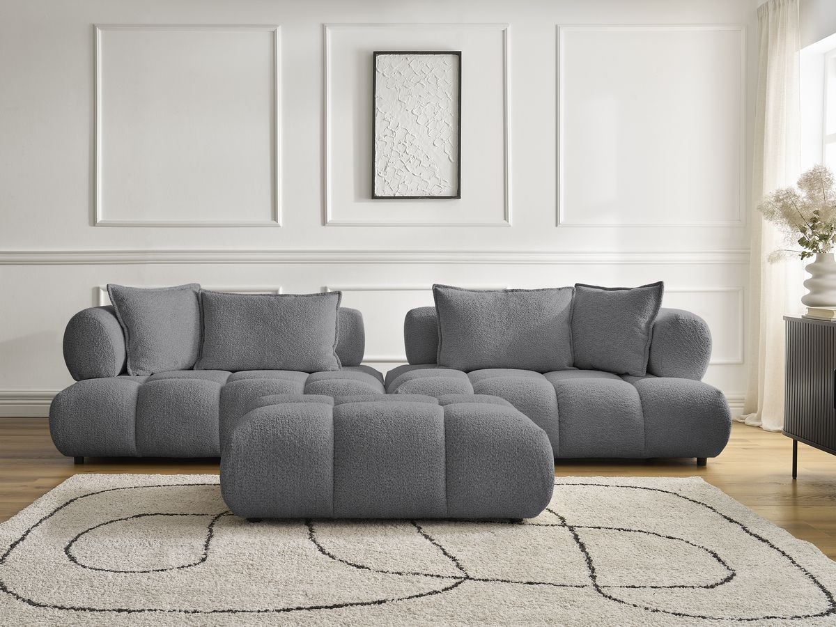 Bobochic Alya Sofa 4-Sitzer mit Pouf Bouclé-Stoff Dunkelgrau