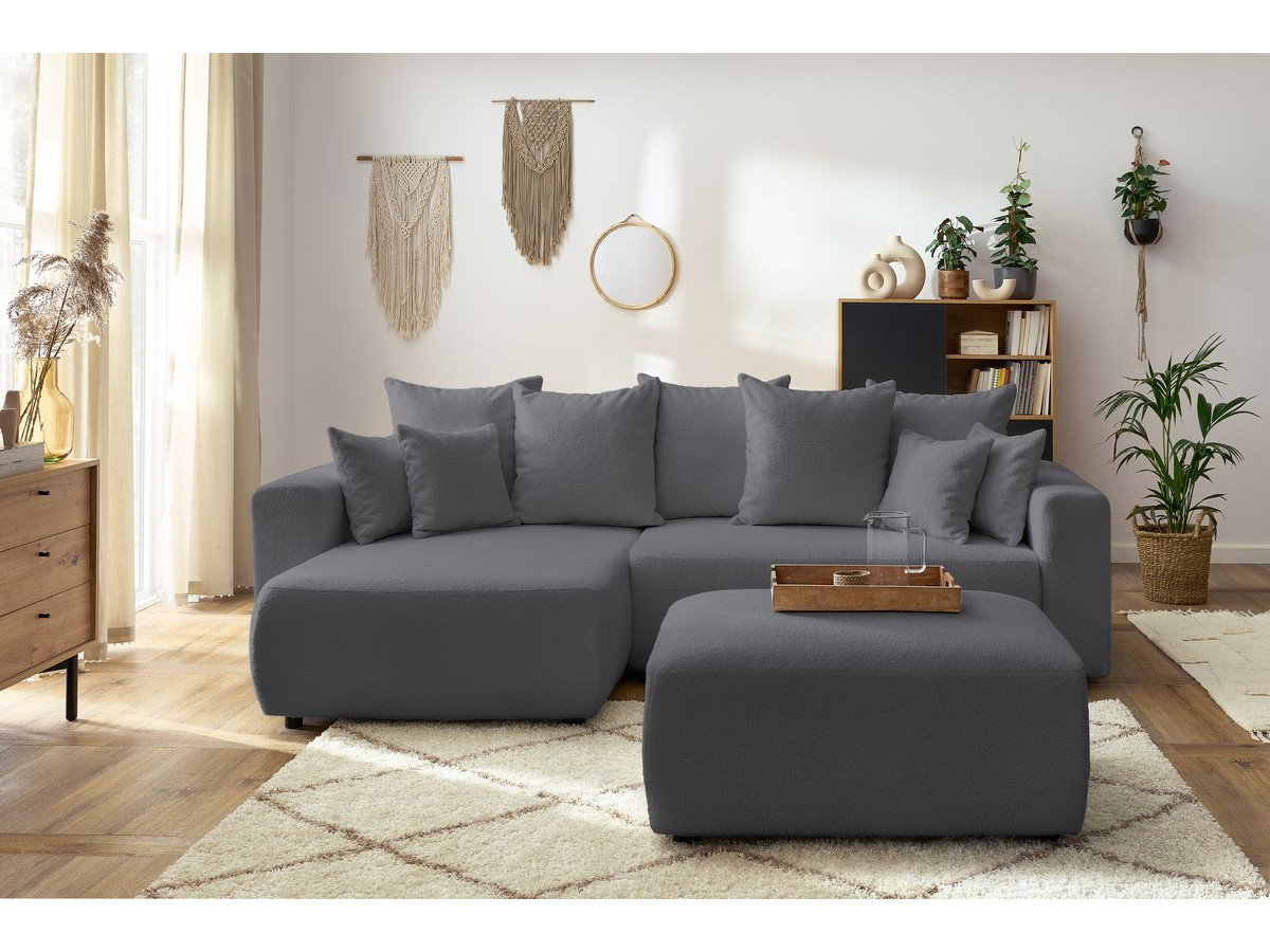 Bobochic Envy Ecksofa mit Schlaffunktion und Bettkasten und rechteckigem Pouf Bouclé-Stoff Dunkelgrau