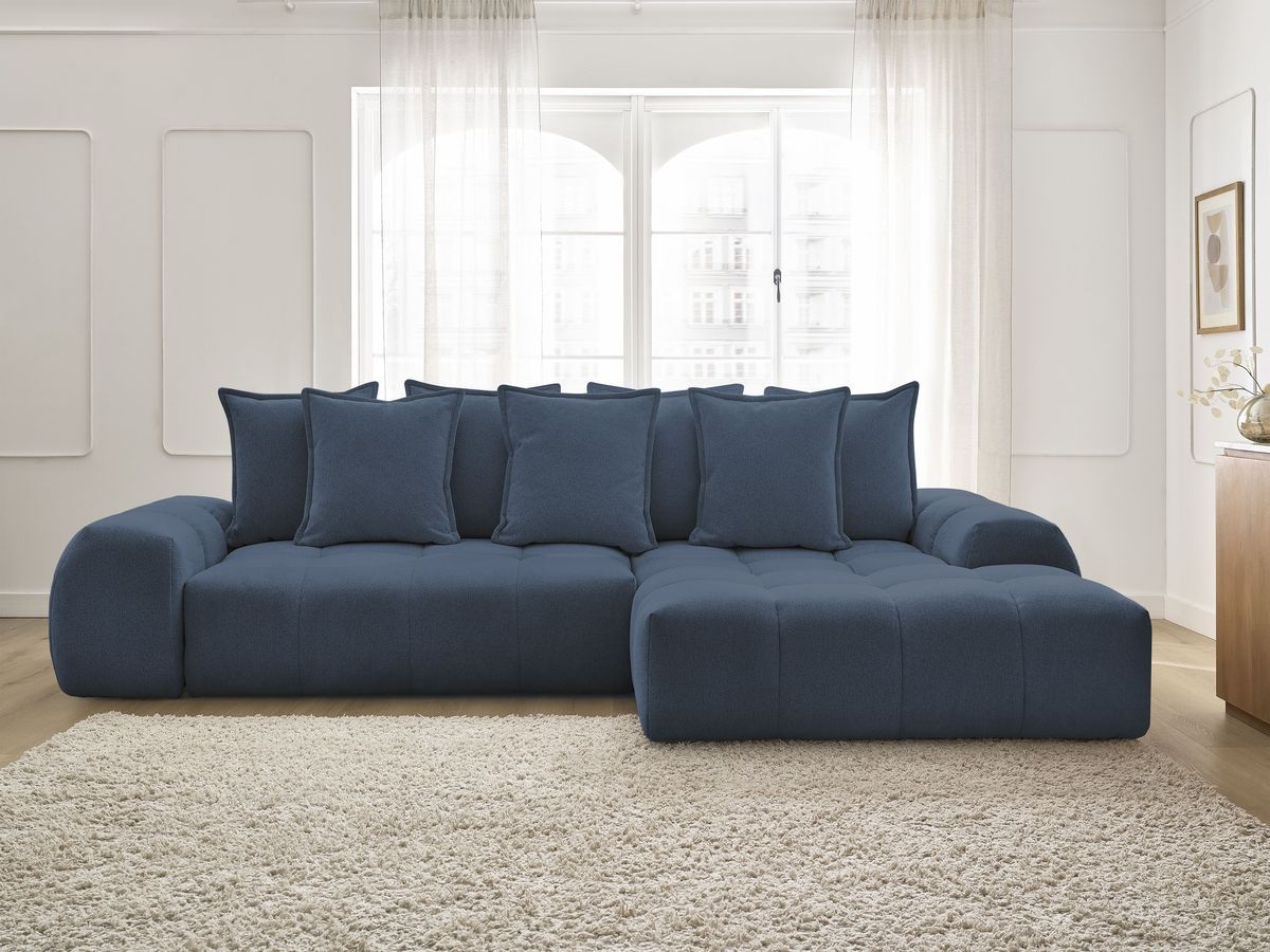Bobochic Everest Ecksofa mit Schlaffunktion und Bettkasten 318 × 180 cm, 7 Kissen Melange-Stoff Dunkelblau Ecke rechts