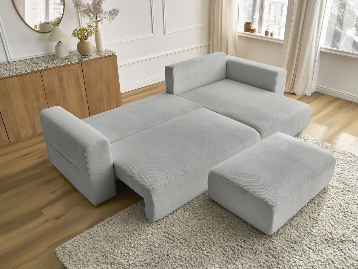 Bobochic Sidonie Ecksofa mit Schlaffunktion und Bettkasten und Pouf Cordsamt Hellgrau
