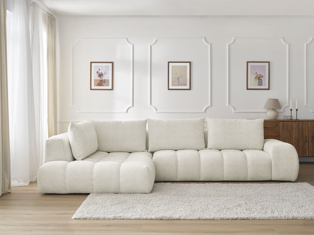 Bobochic Everest Ecksofa, 4 Kissen Melange-Stoff Weiß Ecke links