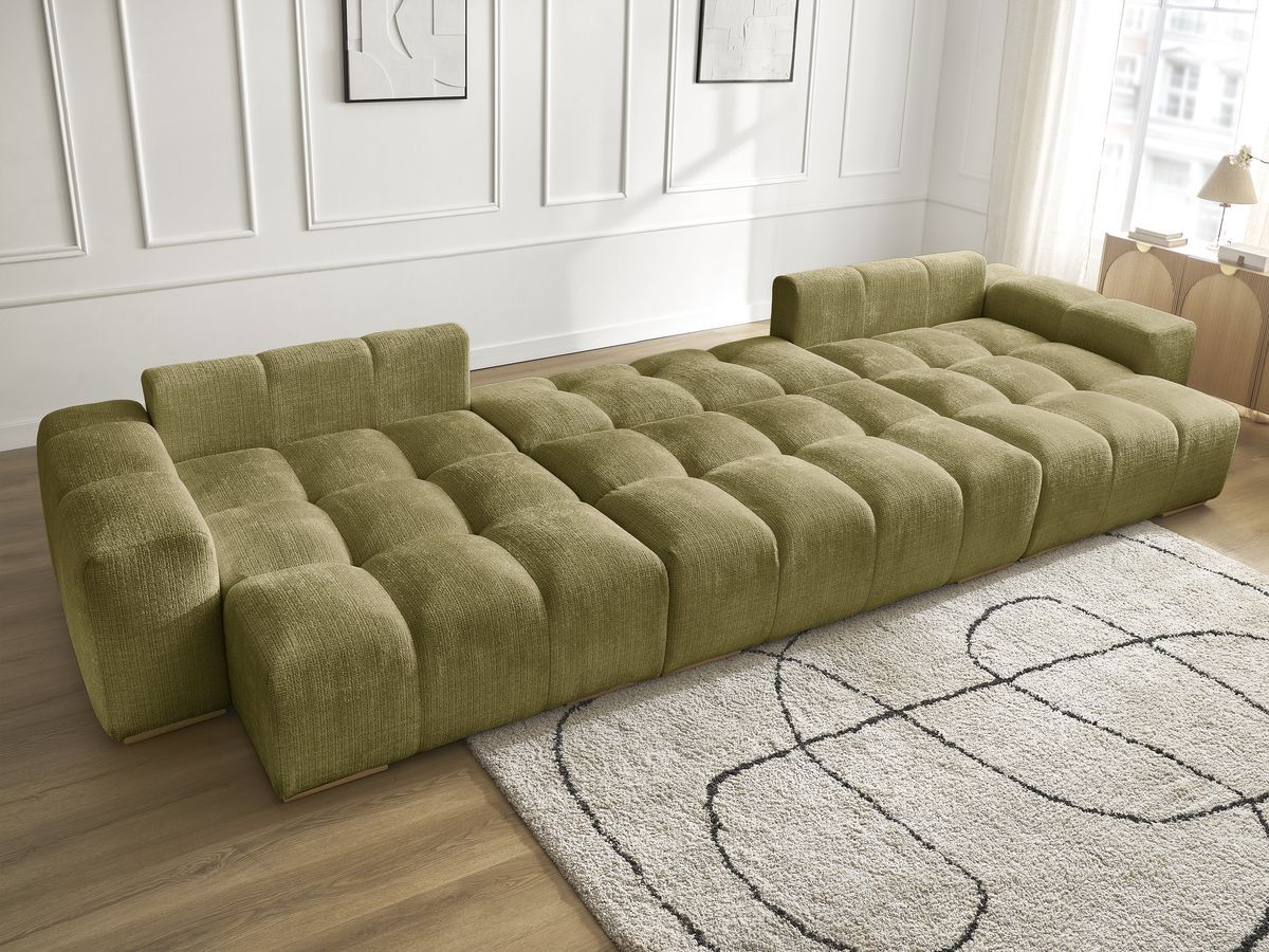 Bobochic Anakin Wohnlandschaft mit Pouf, Liegefläche 137 × 382 cm, 10 Kissen Strukturstoff Grün