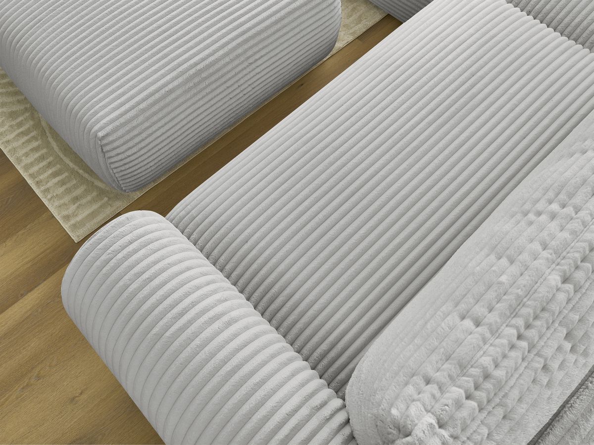 Bobochic Lucien Ecksofa mit Schlaffunktion und Bettkasten und Pouf 314 × 167 cm Breitcord weich Hellgrau Ecke links
