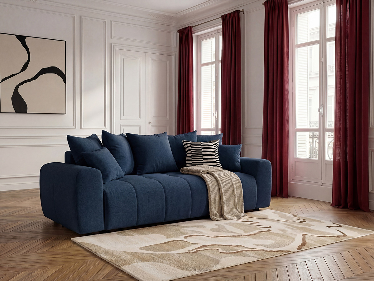 Bobochic Roxelane Schlafsofa 3-Sitzer mit Bettkasten Melange-Stoff Dunkelblau