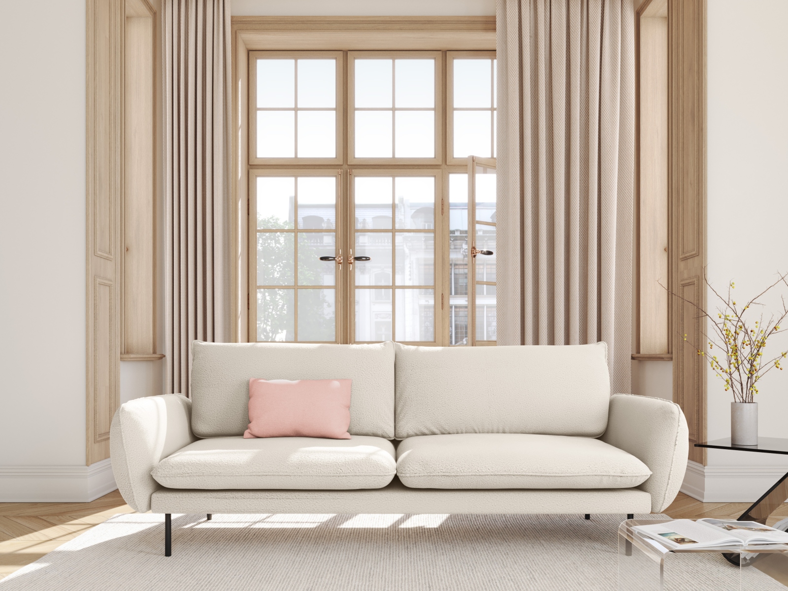 Cosmopolitan Design Sofa Vienna 4-Sitzer Boucle Ascot Beige Beine Schwarzes Metall
