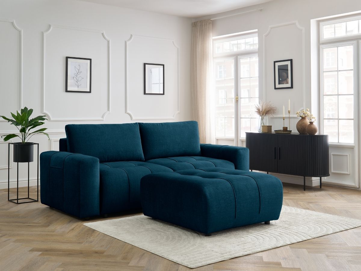Bobochic Arsene Schlafsofa 4-Sitzer mit Bettkasten und Pouf Samt Blau