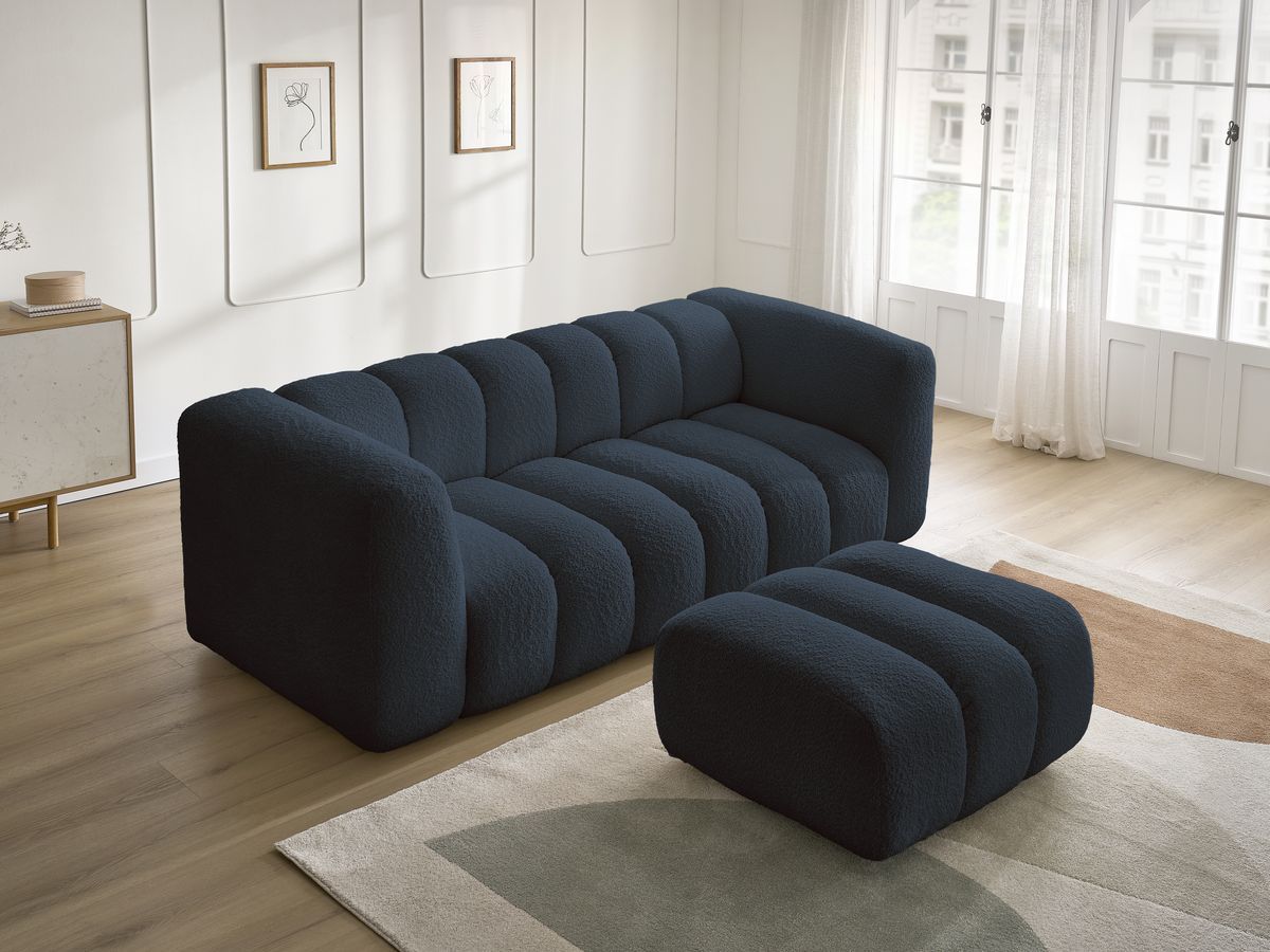Bobochic Talia Sofa 3-Sitzer mit Pouf Bouclé-Stoff Dunkelblau