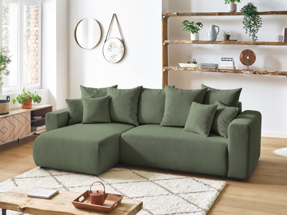 Bobochic Envy Ecksofa mit Schlaffunktion und Bettkasten Cordsamt Grün