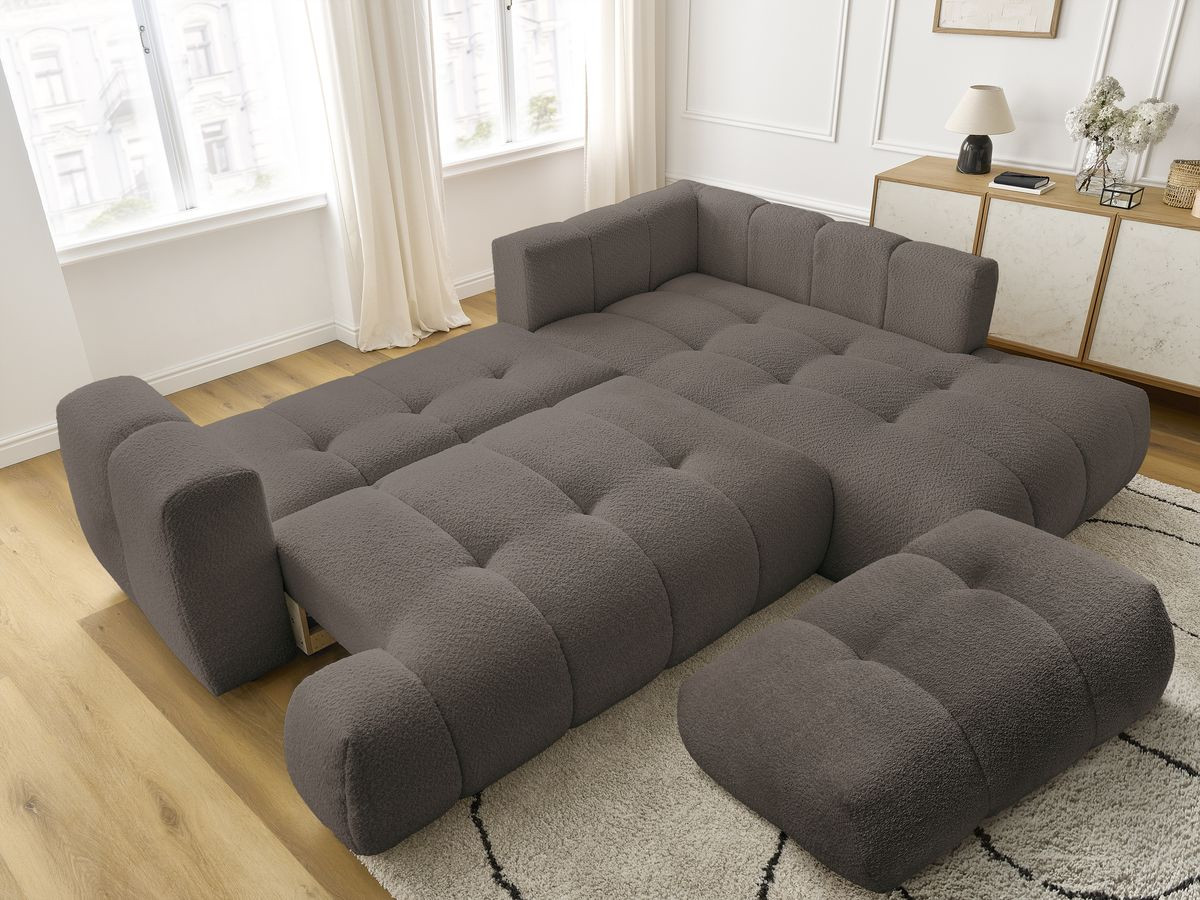 Bobochic Fuji Ecksofa mit Schlaffunktion und Bettkasten und Pouf 282 × 204 cm Bouclé-Stoff Braun Ecke rechts