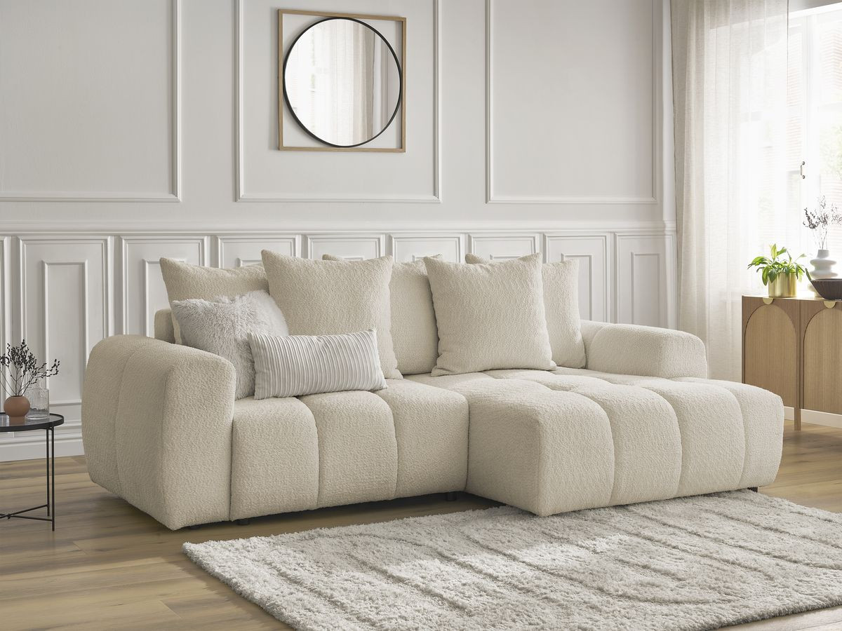 Bobochic Roxelane Ecksofa mit Schlaffunktion und Bettkasten 258 × 150 cm Bouclé-Stoff Beige Ecke rechts
