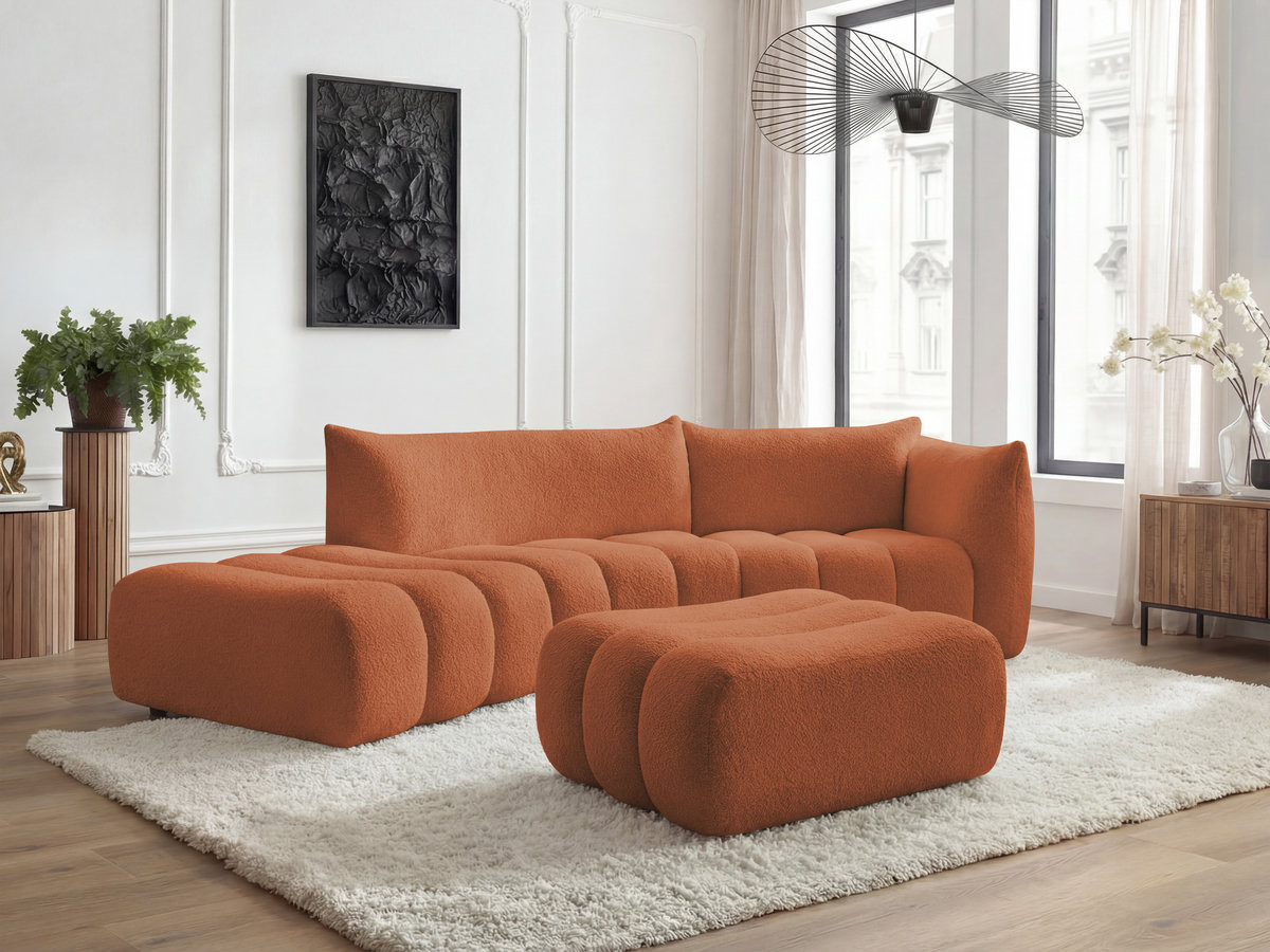 Bobochic Azra Ecksofa mit Pouf 325 × 112 cm Bouclé-Stoff Orange Ecke rechts