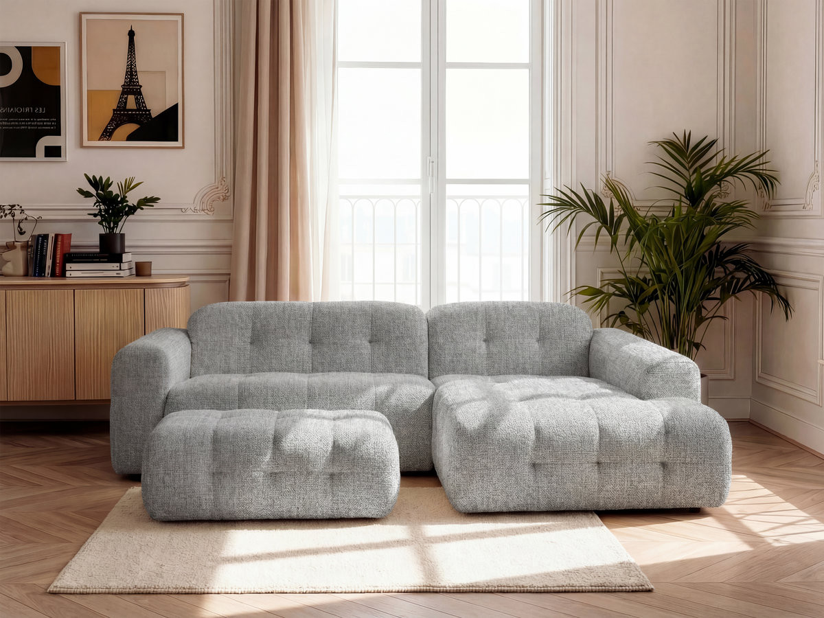 Bobochic Laura Ecksofa mit großem Pouf Melange-Stoff Hellgrau Ecke rechts