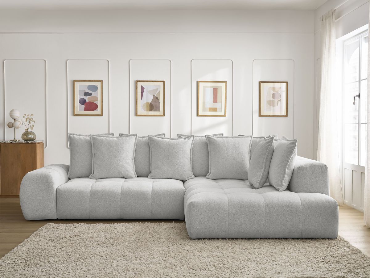Bobochic Everest Ecksofa mit Schlaffunktion und Bettkasten 320 × 212 cm, 10 Kissen Melange-Stoff Hellgrau Ecke rechts