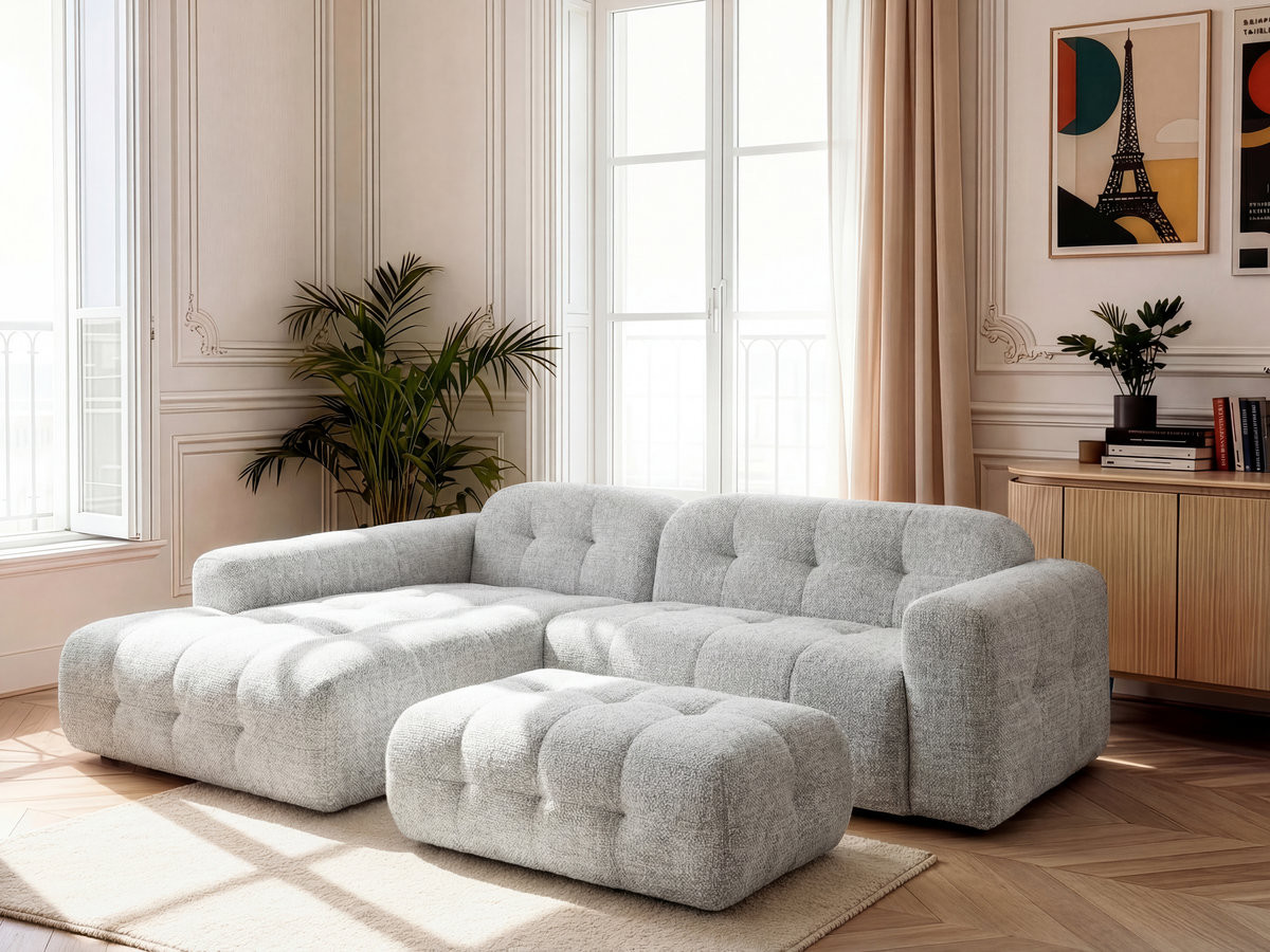 Bobochic Laura Ecksofa mit großem Pouf Melange-Stoff Hellgrau Ecke links