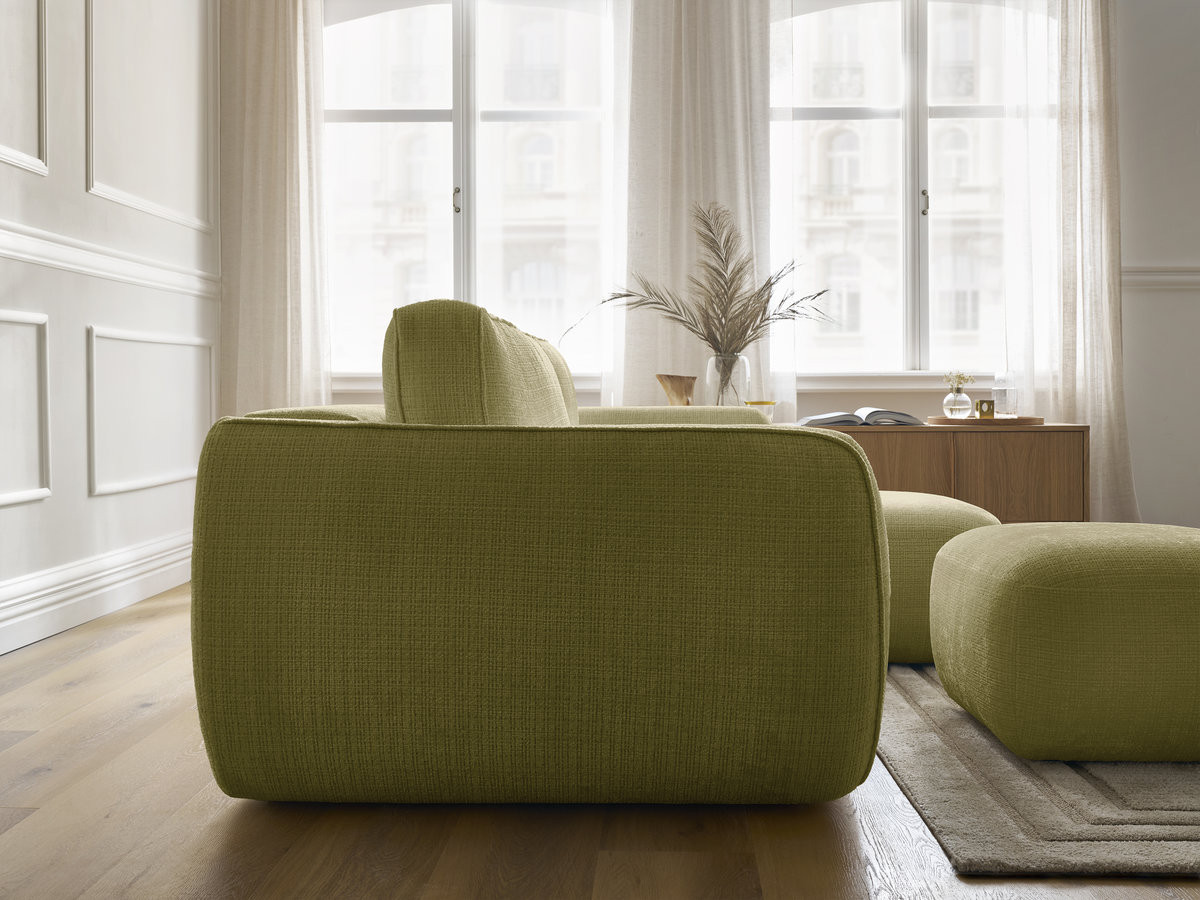Bobochic Denise Ecksofa mit Schlaffunktion und Bettkasten und Pouf 258 × 160 cm Strukturstoff Grün Ecke rechts