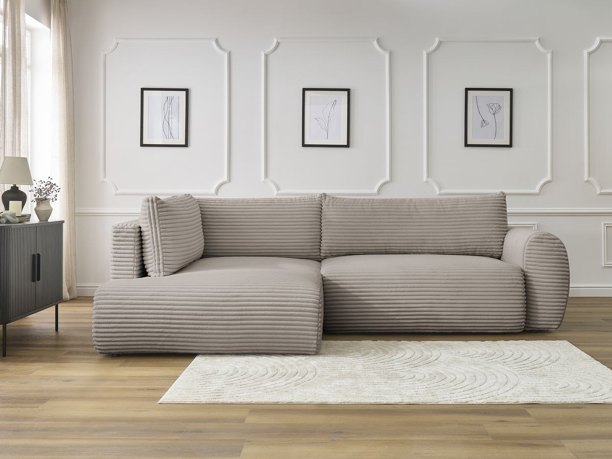 Bobochic Lucien Ecksofa mit Schlaffunktion und Bettkasten 296 × 198 cm Breitcord weich Taupe Ecke links