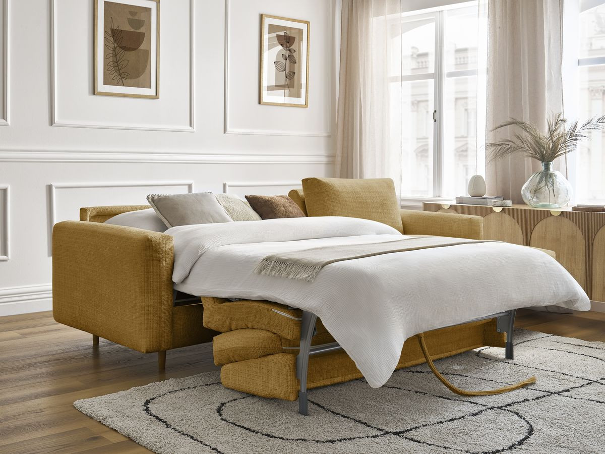 Bobochic Cocoone Ecksofa mit Schlaffunktion und Bettkasten Strukturstoff Gelb, Liegefläche 140 × 200 cm