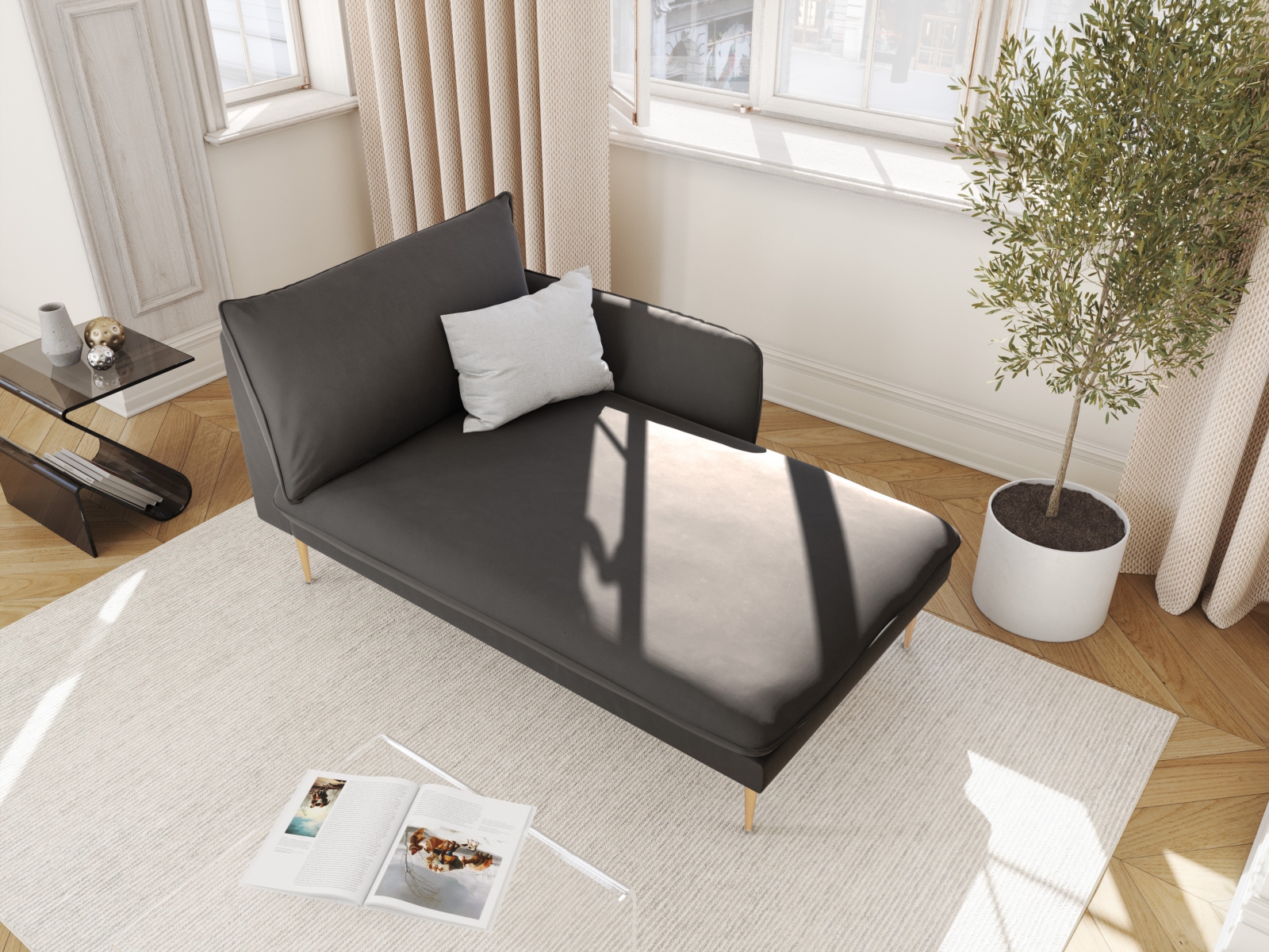 Cosmopolitan Design Chaiselongue Vienna Samt Bluvel Dunkelgrau Melange Rechts Beine Gold