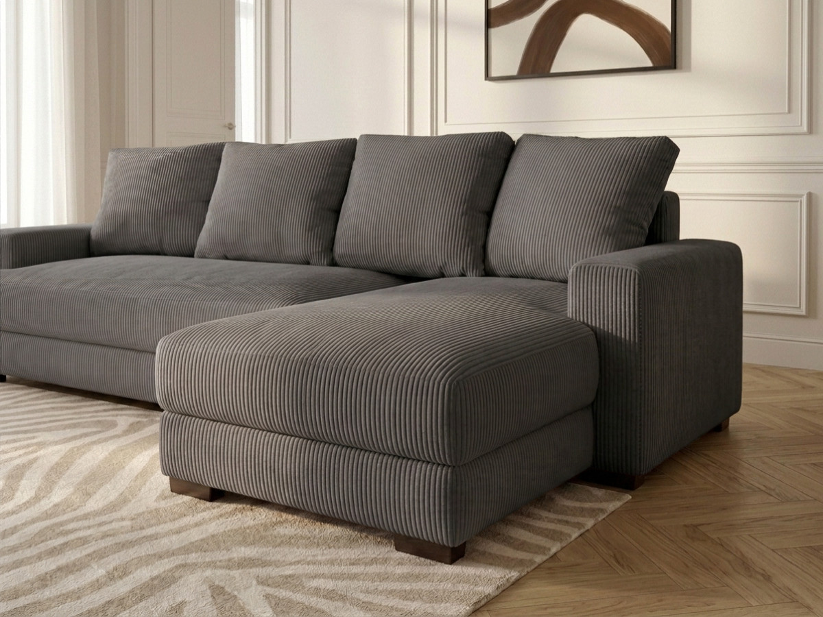 Bobochic Campi Ecksofa mit Schlaffunktion und Bettkasten Cordsamt Dunkelgrau Ecke rechts