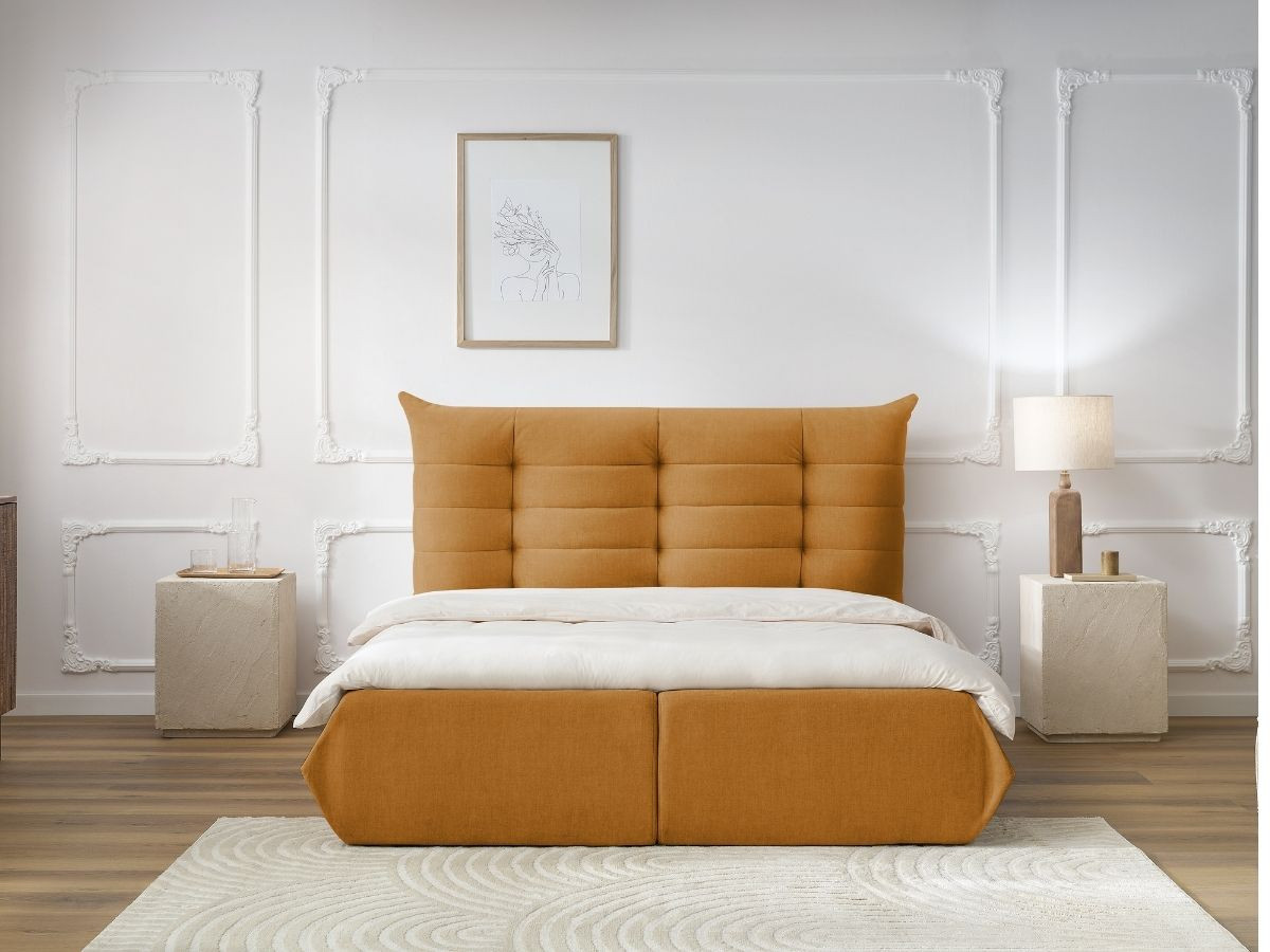 Bobochic Clothilde Polsterbett mit Bettkasten Samt Orange, Liegefläche 140 × 190 cm