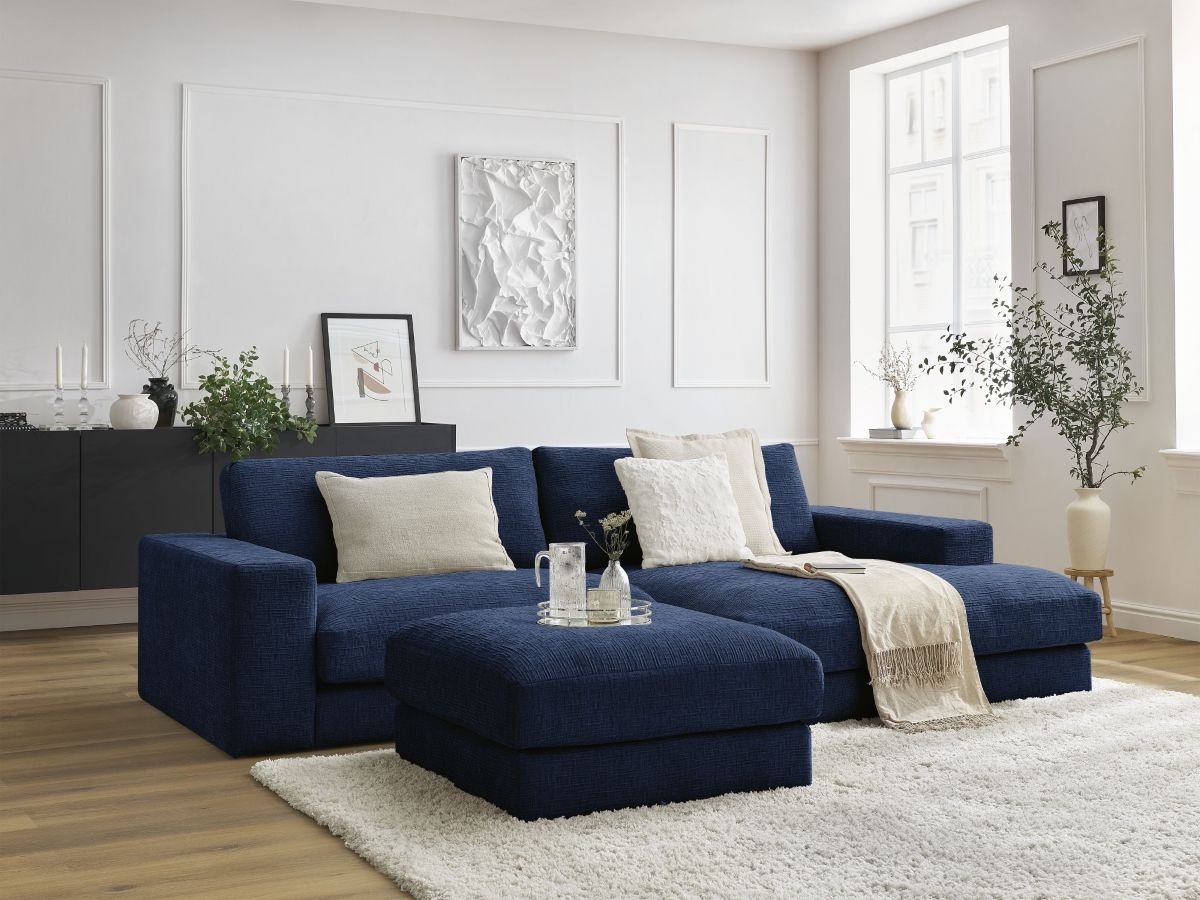 Bobochic Leonard Ecksofa mit Pouf 234 × 159 cm Strukturstoff Dunkelblau Ecke rechts