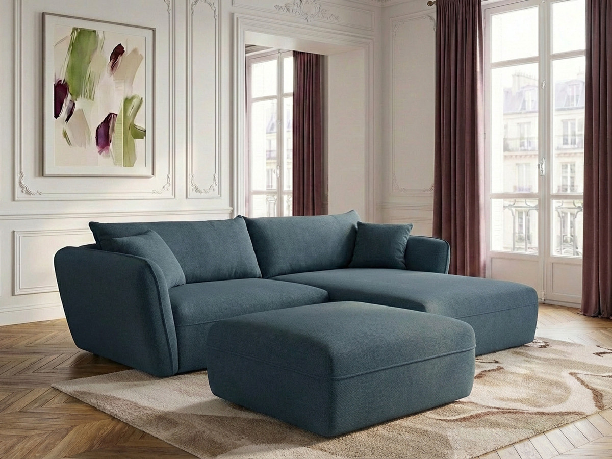 Bobochic Luigi Ecksofa mit Pouf Strukturstoff Blau Ecke rechts